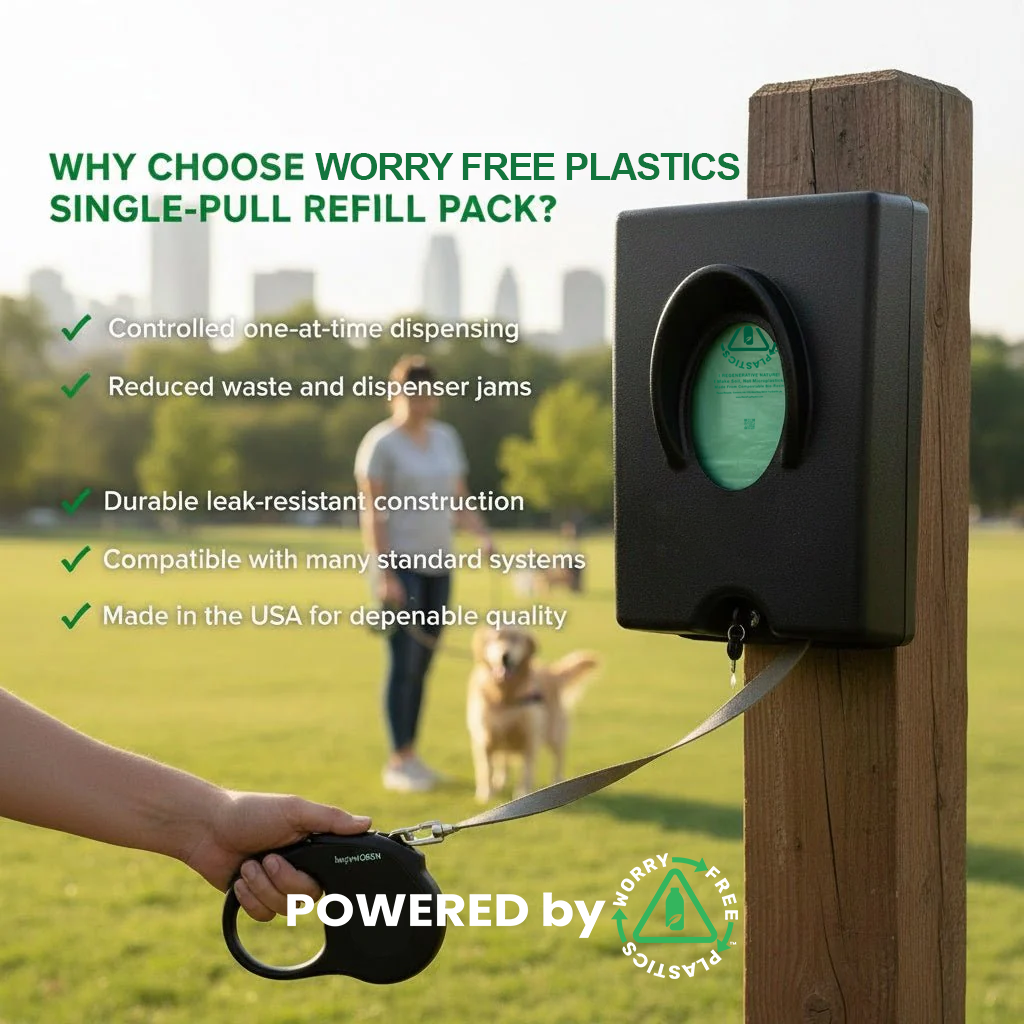 Worry Free Plastics Single-Pull Dog Waste Bag Dispenser – Wall & Pole Mount | Park Station | Black | Made in USA