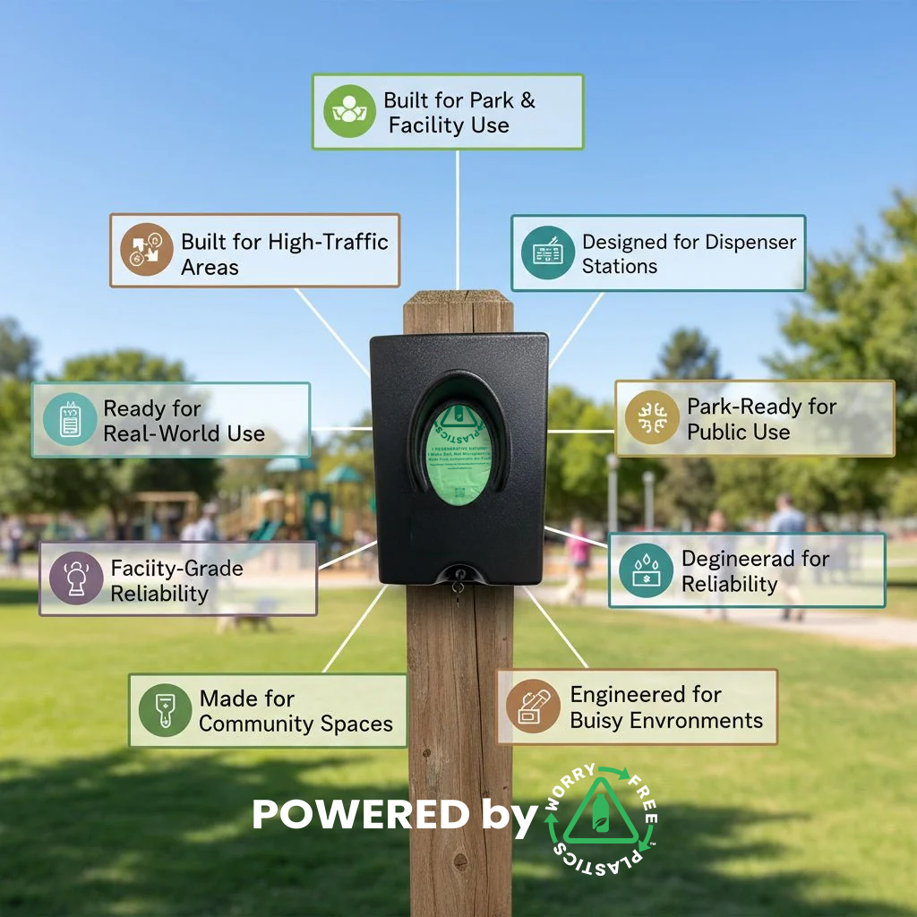 Worry Free Plastics Single-Pull Dog Waste Bag Dispenser – Wall & Pole Mount | Park Station | Black | Made in USA