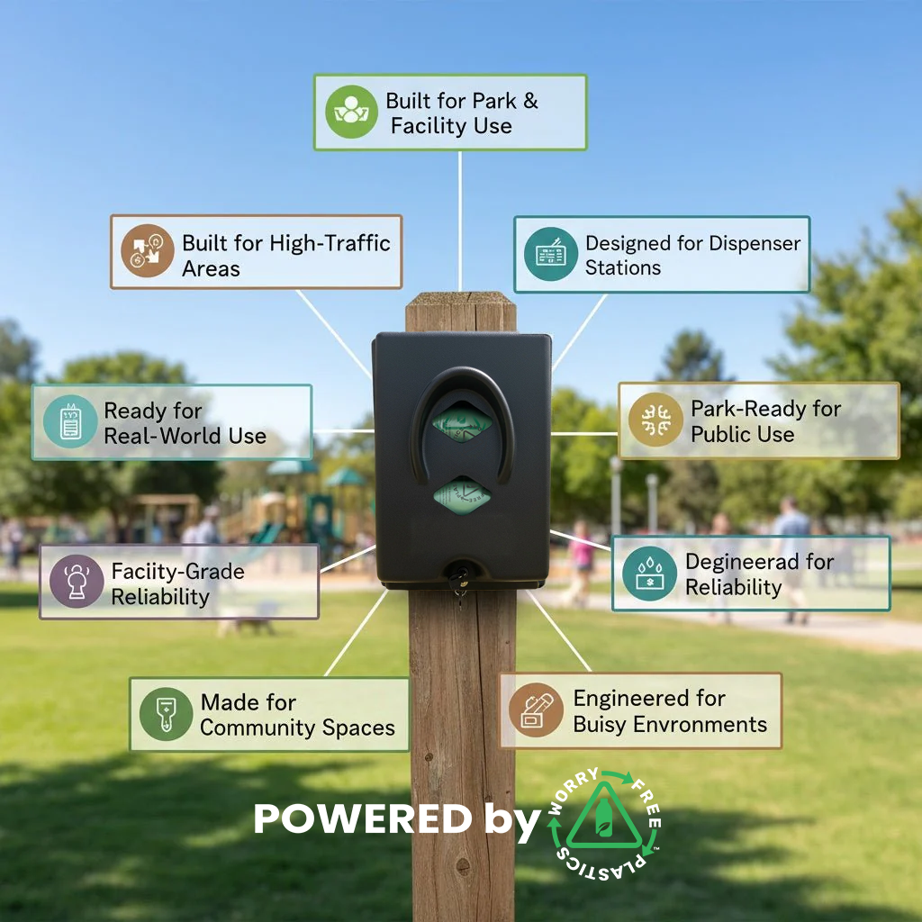 Worry Free Plastics Dog Poop Bag Dispenser – Wall & Pole Mount | Dog Waste Station | Front-Load | Black | Made in USA