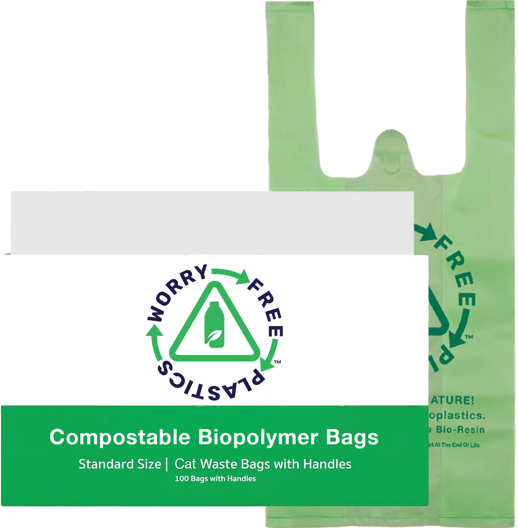 Worry Free Plastics Cat Litter Bags – 8" x 16" with 5" Gusset & Handles | Leak-Resistant | Made in USA