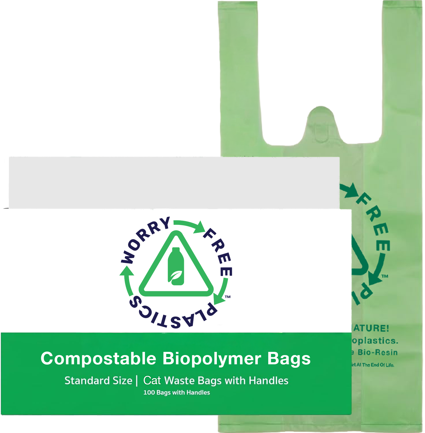 Worry Free Plastics Cat Litter Bags – 8" x 16" with 5" Gusset & Handles | Leak-Resistant | Made in USA