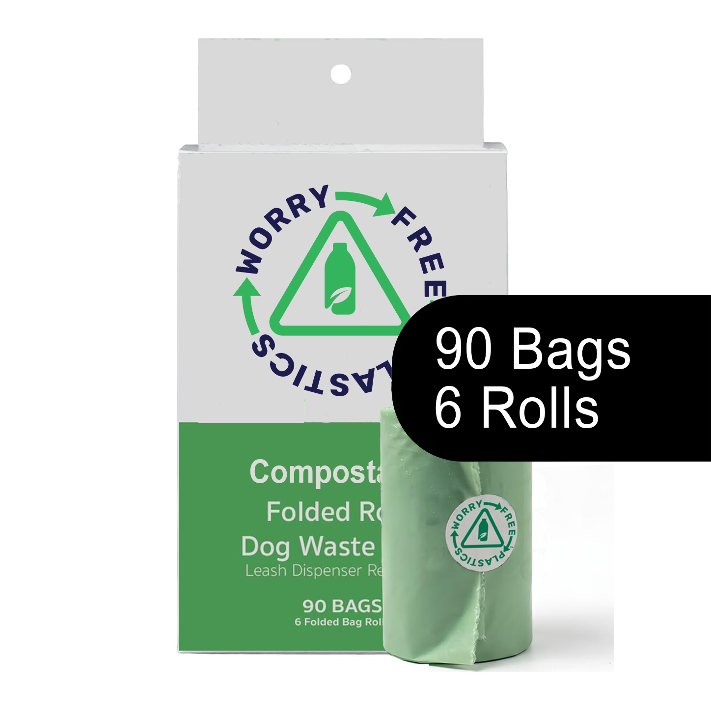 Worry Free Plastics Dog Waste Bags – Commercially Compostable, Plant-Based Bio-Polymer, Folded Rolls, 9" x 12", Made in USA