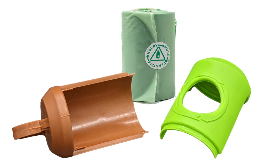 Worry Free Plastics dog waste bag leash dispenser exploded view showing cap, bag roll, and body