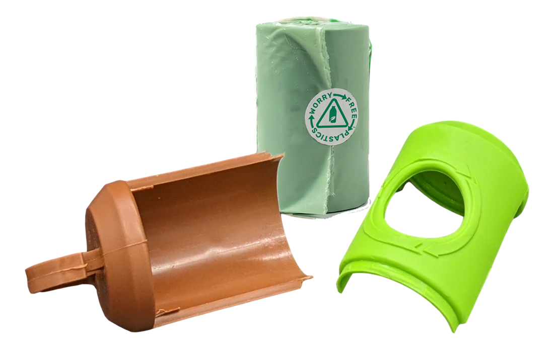 Worry Free Plastics dog waste bag leash dispenser exploded view showing cap, bag roll, and body