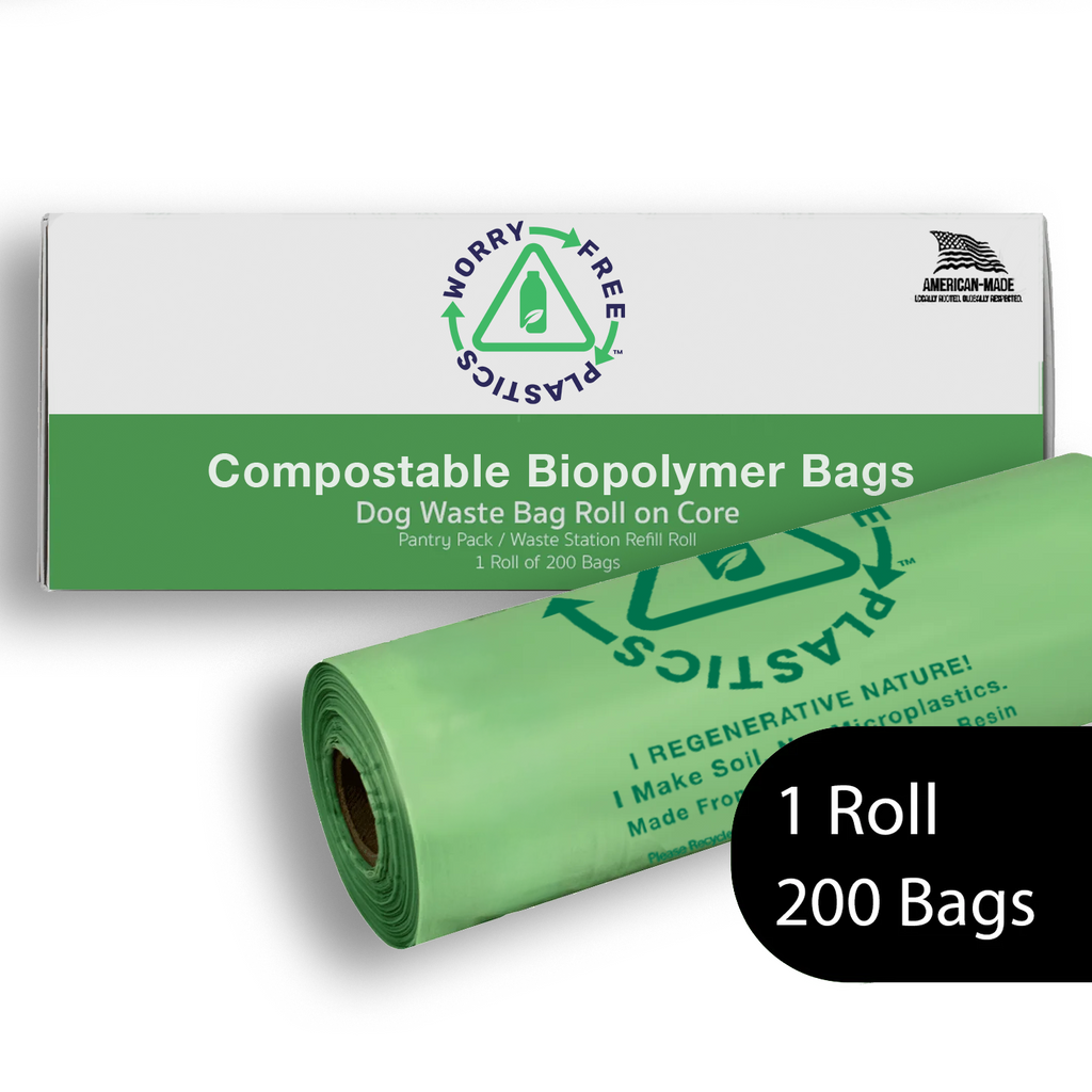 Worry Free Plastics Dog Waste Bags – 200-Count Core Roll 8" x 13" | Bulk Refill | Commercially Compostable | Made in USA
