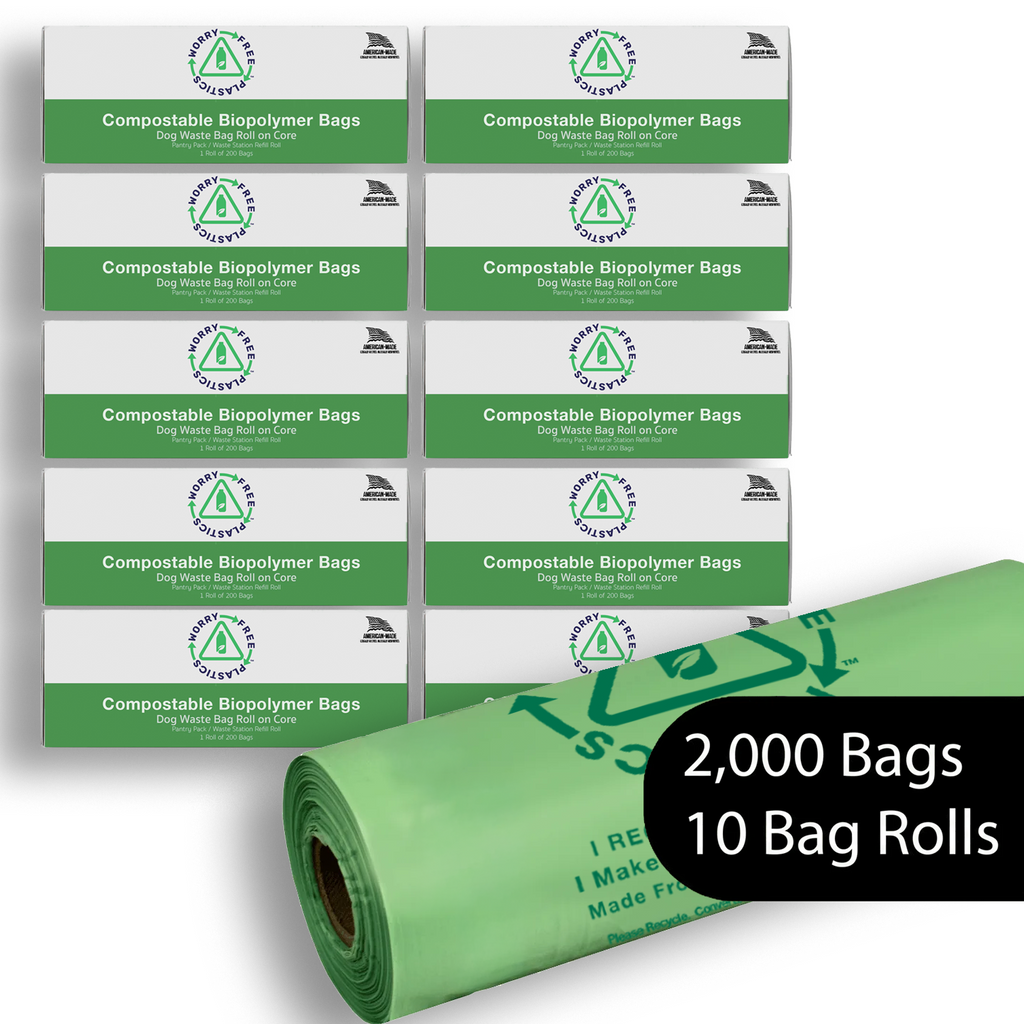 Worry Free Plastics Dog Waste Bags – 200-Count Core Roll 8" x 13" | Bulk Refill | Commercially Compostable | Made in USA