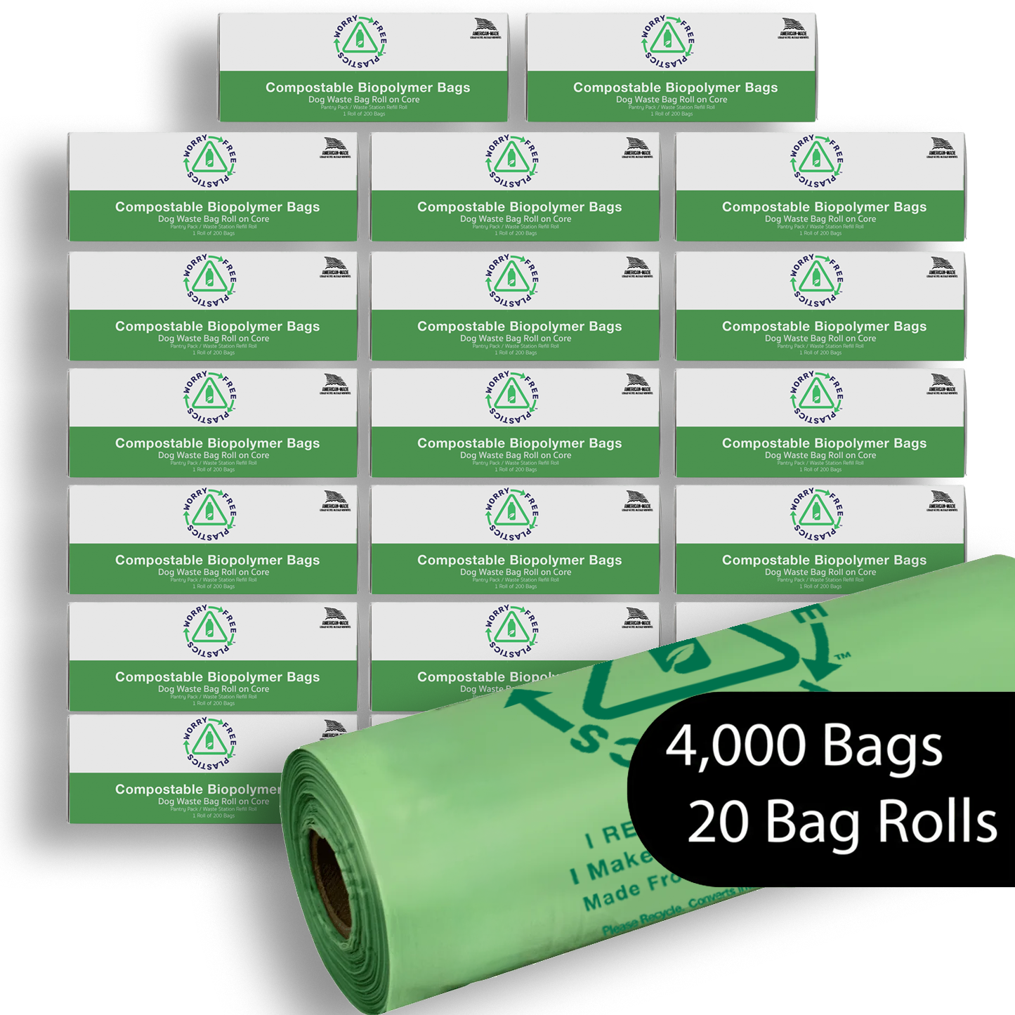 Worry Free Plastics Dog Waste Bags – 200-Count Core Roll 8" x 13" | Bulk Refill | Commercially Compostable | Made in USA